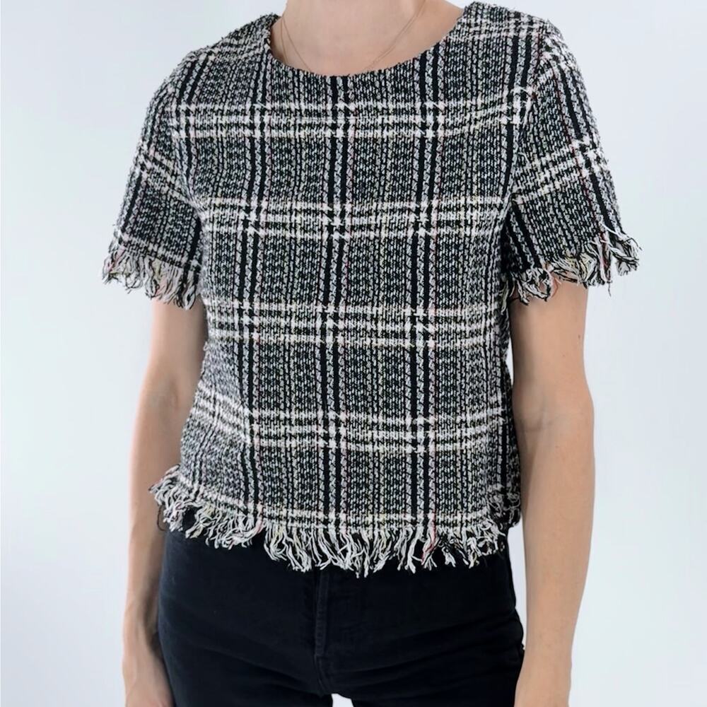 Storia Tweed Black Plaid Checkered Pattern Crewneck Short Sleeve Bouse Small